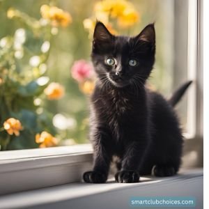 black kitten on window sill