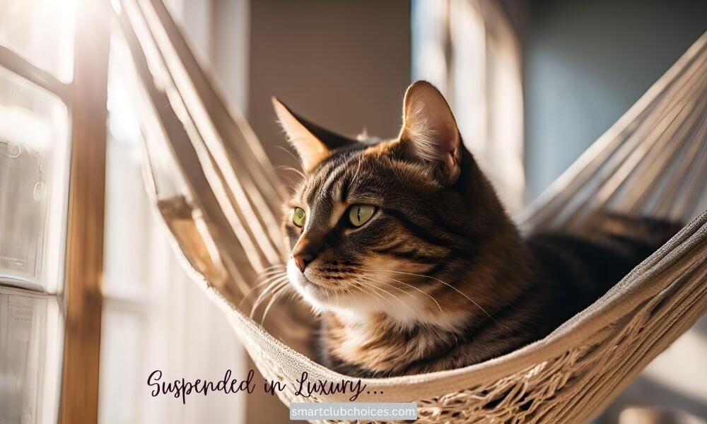 A cat relaxing in a hammock by the window.